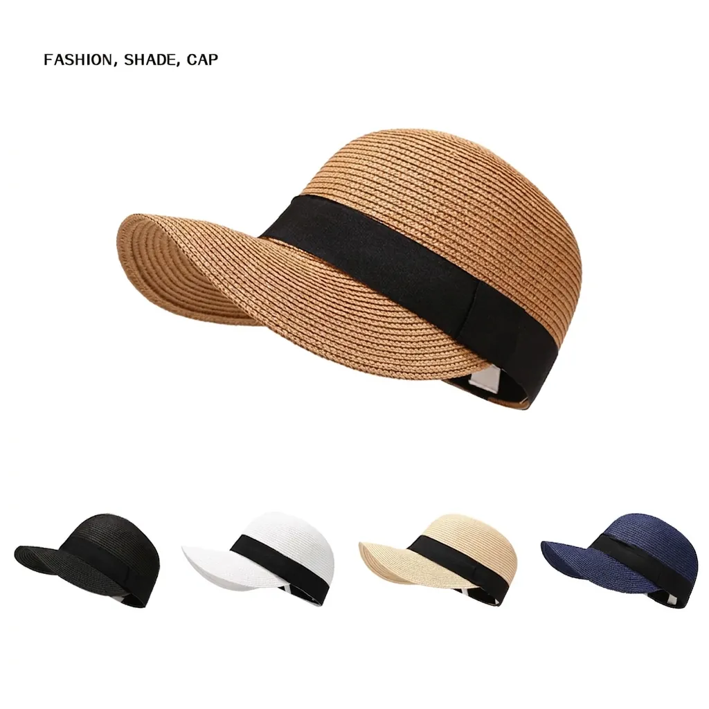 Damen Koreanischer Stil Papierstroh Reiterhut Sonnenschutz Atmungsaktiv Einfarbig Schirmmütze Für Sommer Strand Reise Lässig Outdoor