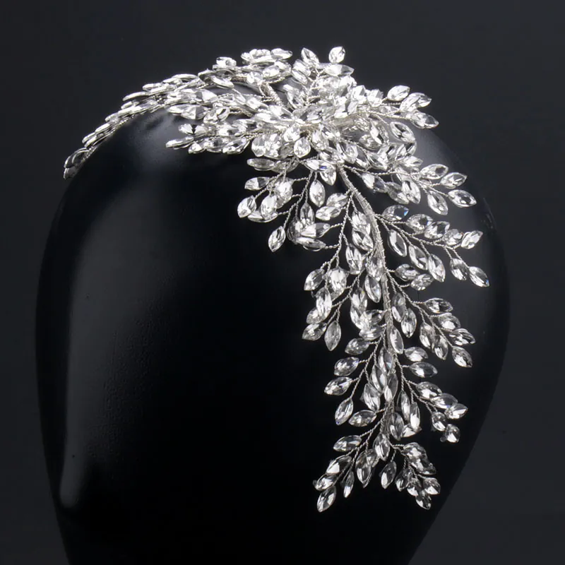 Handmade Bridal Headband Silver Plated Copper Wire Glass Crystal Rhinestone Leaf Flower Branch Wedding Accessories For Women
