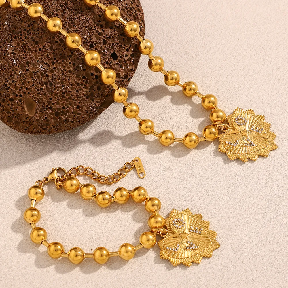 Collana E Bracciale A Catena Con Perline Tonde E Ciondolo A Cuore Acciaio Inossidabile Placcato Oro 18K Per Donna