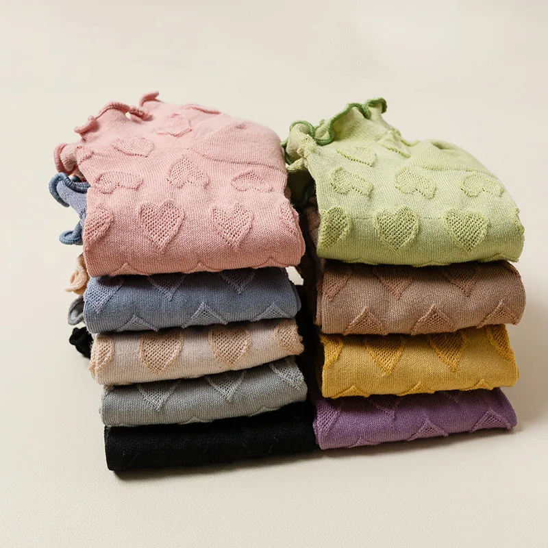 Women Cotton Ankle Socks Sweet Heart Jacquard Pattern Ruffle Edge Low Cut Breathable Japanese Style Kawaii