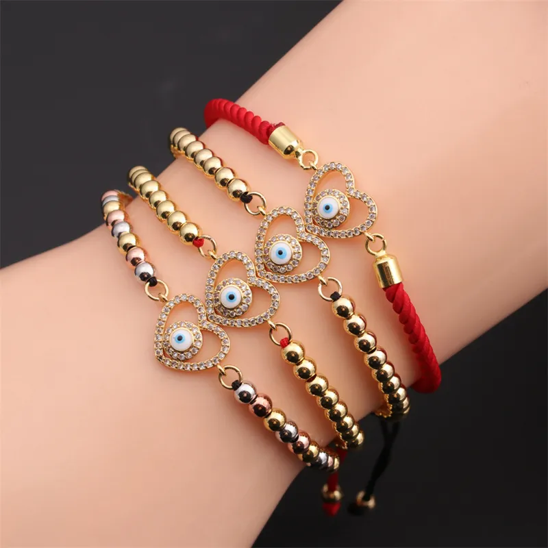 Bracelet Coeur Oeil Maléfique Cuivre Plaqué Or Zircone Corde Tissée Ajustable Bijoux De Protection Pour Femmes