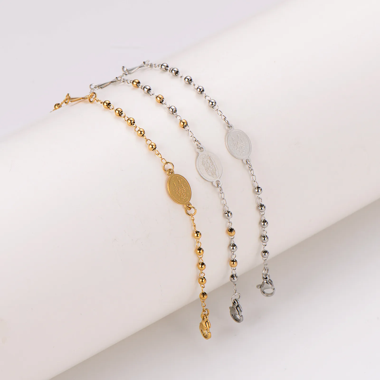 Religious Cross Virgin Mary Medallion Beaded Bracelet 304 Stainless Steel Adjustable Simple Jewelry For Women Men