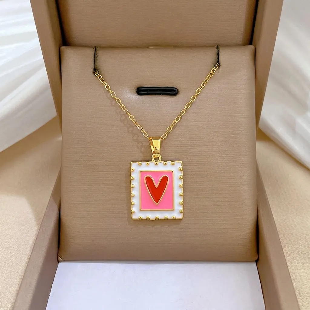 Stainless Steel Gold Tone Necklace With Enamel Copper Square Stamp Red Heart Pendant Sweet Romantic Jewelry For Women