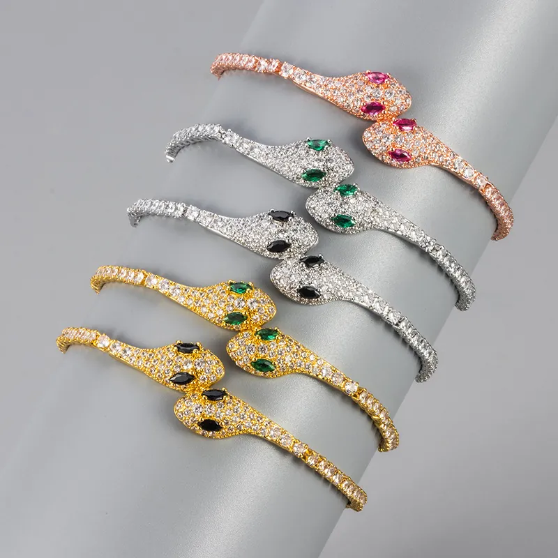 Adjustable Snake Bracelet Copper Pavé Cubic Zirconia Snake Head Jewelry Elegant Animal Style Hand Ornament For Women