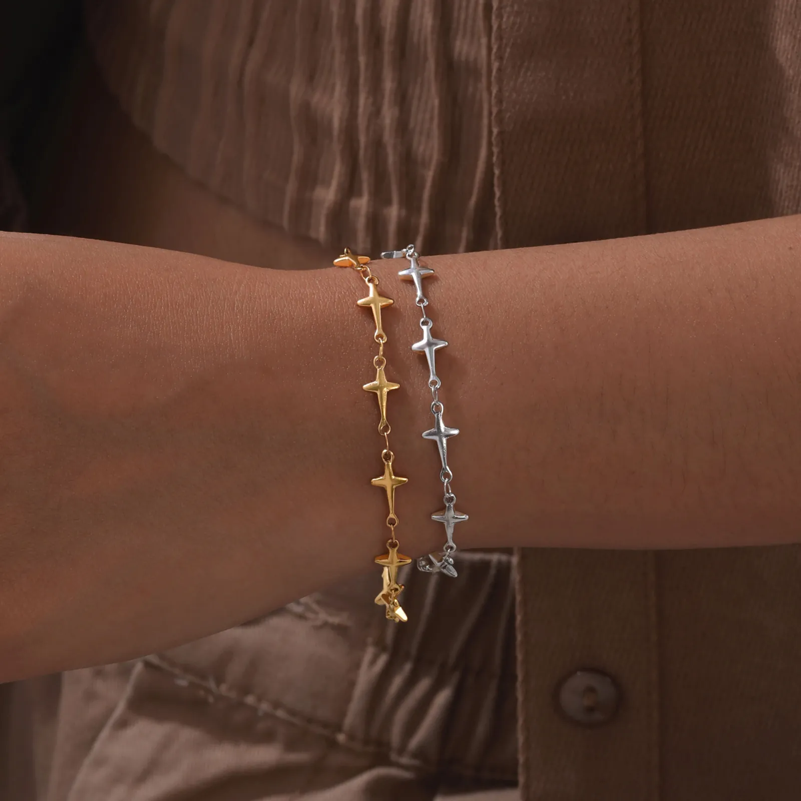 Minimalist Four-Pointed Star Stainless Steel Bracelet Adjustable Cross Star Chain Jewelry Vintage Gift For Women