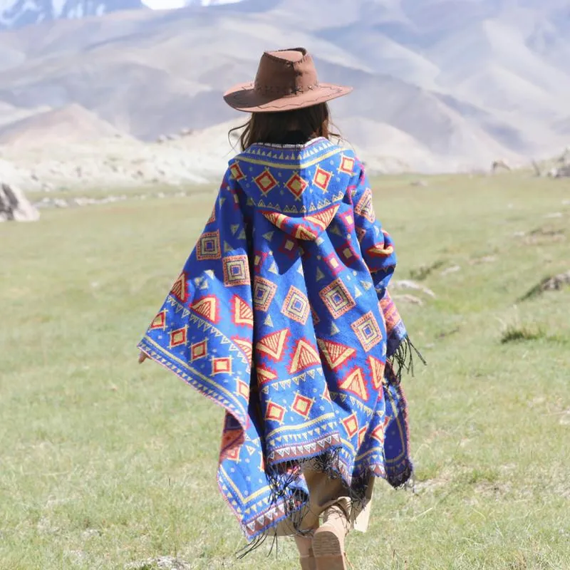 Châle À Capuche Femme Cape Motif Géométrique Ethnique Gland Poncho Chaud Pour Voyage Photographie Style Bohême
