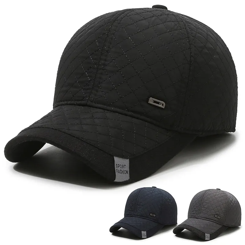 Men Winter Baseball Cap Quilted Polyester Warm Thermal Hat With Ear Flaps Windproof Outdoor Cold Weather Casual Adjustable