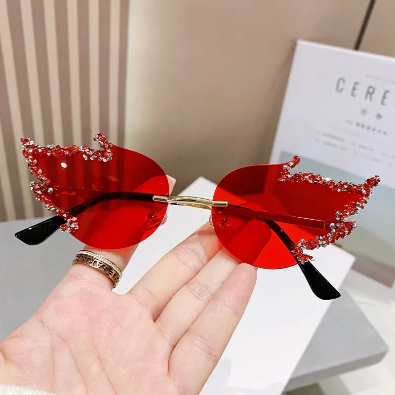 Flame Shape Sunglasses Rimless Metal Rhinestone Crystal Trendy Y2K Halloween Party Eyewear For Women UV400 Novelty