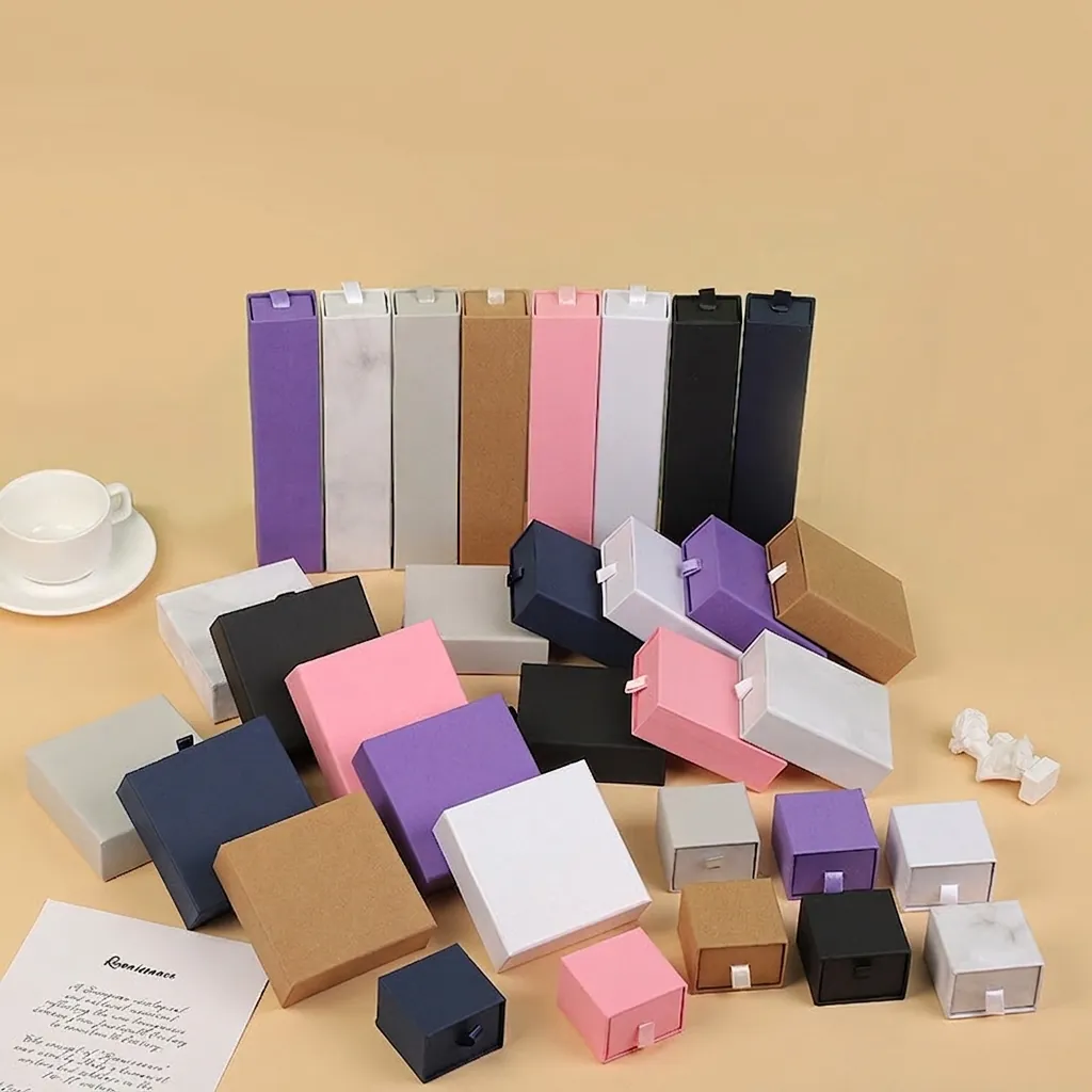 Drawer Jewelry Gift Box Paper Cardboard For Ring Necklace Earring Bracelet With Ribbon Pull And Sponge Lining