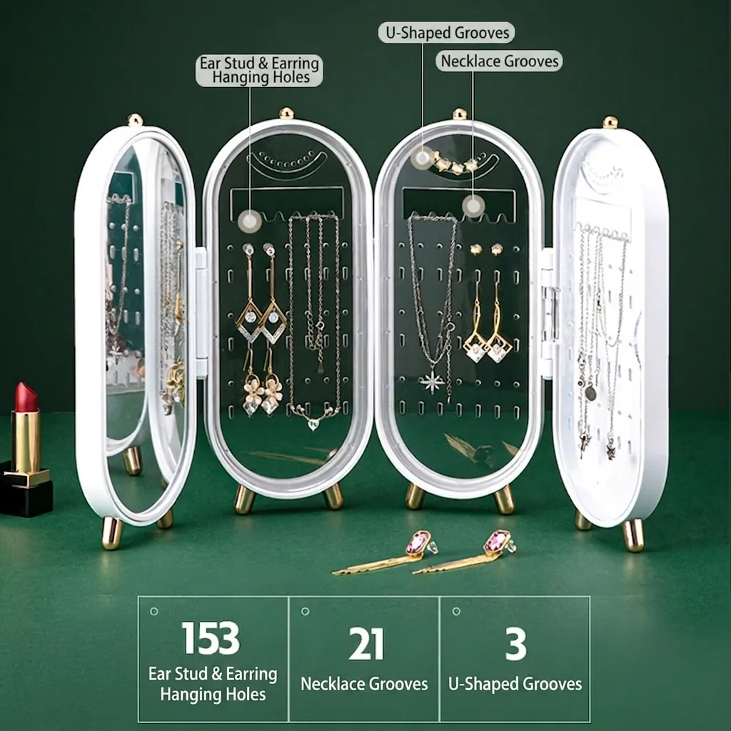 Jewelry Organizer Folding Screen Plastic Display Rack With Mirror For Earrings And Necklaces Dustproof Luxury Style
