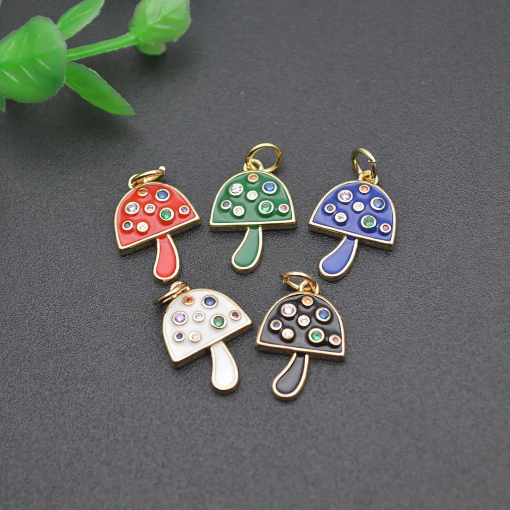 Cute Mushroom Pendant Charm Copper 18K Gold Plated Enamel Colorful Zircon For DIY Jewelry Making Accessories