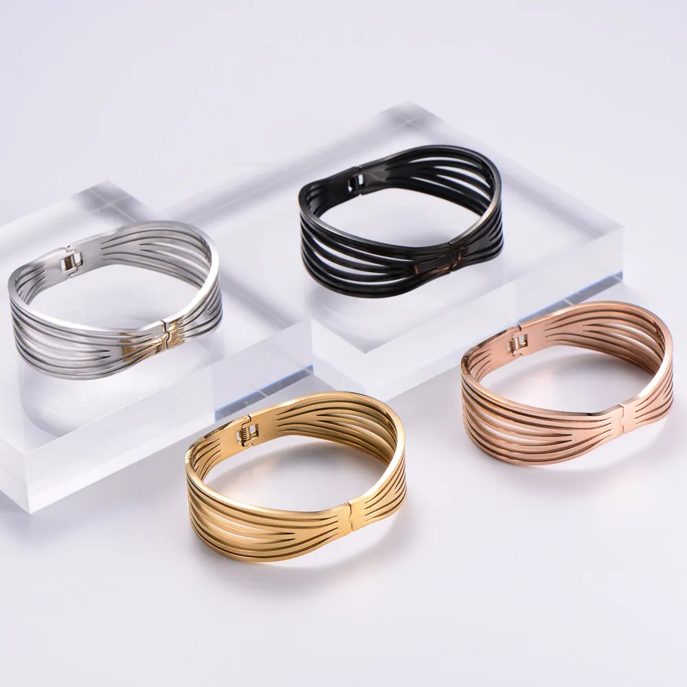 Bracelet Jonc À Lignes Creuses Multicouches Acier Inoxydable 316L Plaqué Or 18K Bijoux Style Français Minimaliste Femme