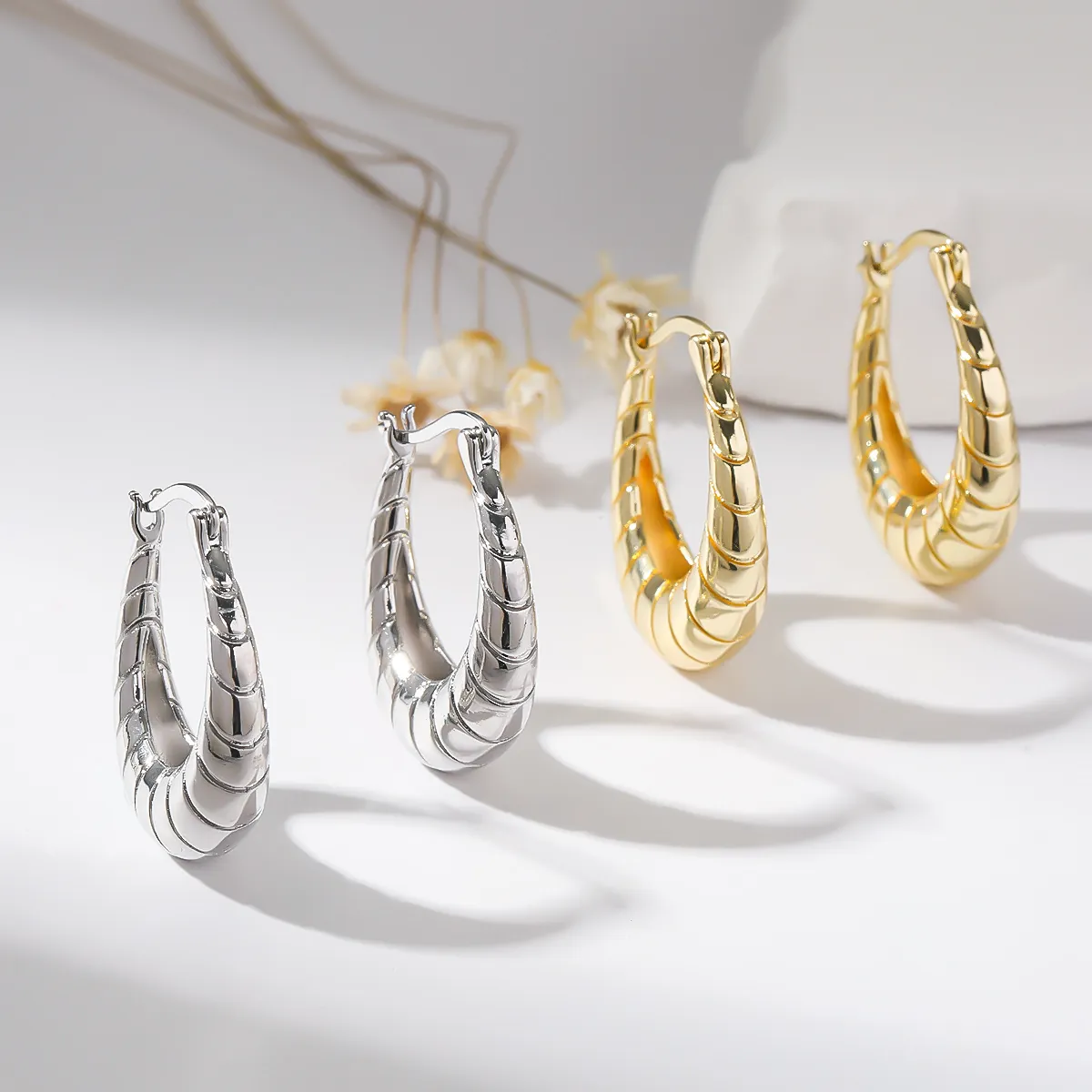 Croissant Hoop Earrings Ribbed Copper Geometric Polished Trendy Huggie Earrings For Women