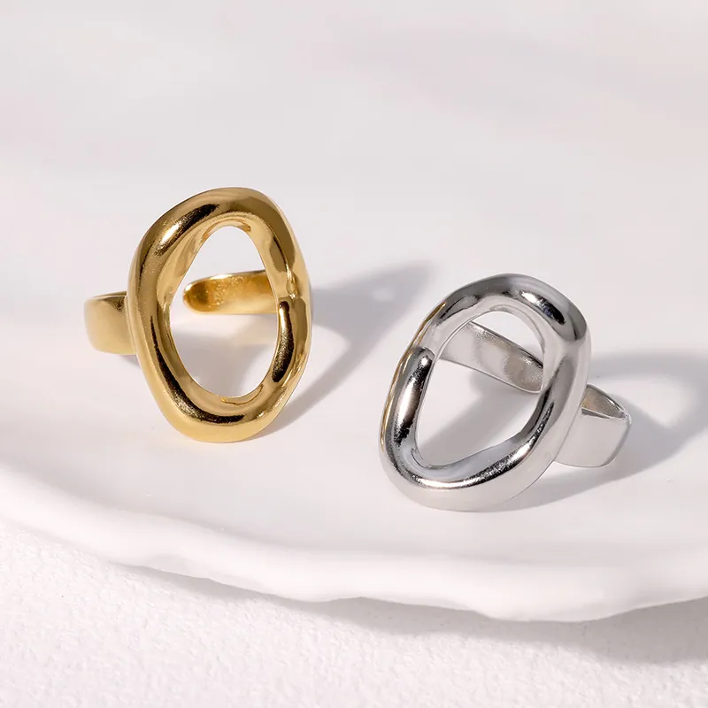 Geometric Hollow Oval Ring Stainless Steel 18K Gold Plated Adjustable Opening Minimalist Fashion Jewelry For Women