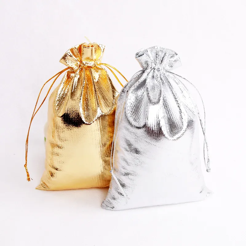 Metallic Drawstring Gift Bags Shiny Jewelry Pouches Favor Packaging Cloth Storage Gold Silver