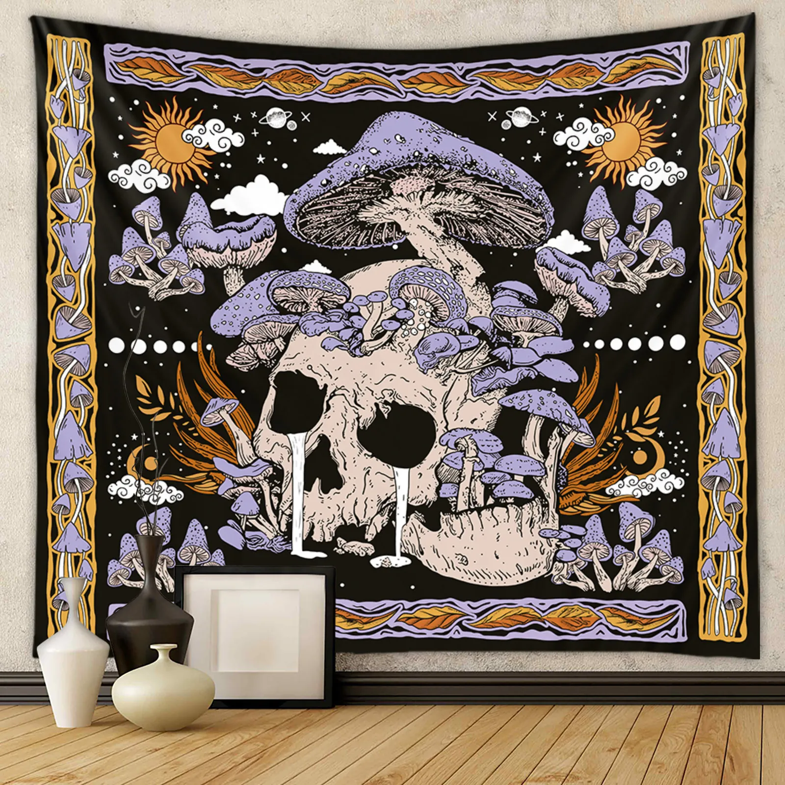 Skull Mushroom Tapestry Wall Hanging Bohemian Celestial Sun Moon Stars Aesthetic Goth Room Decor Polyester Fabric