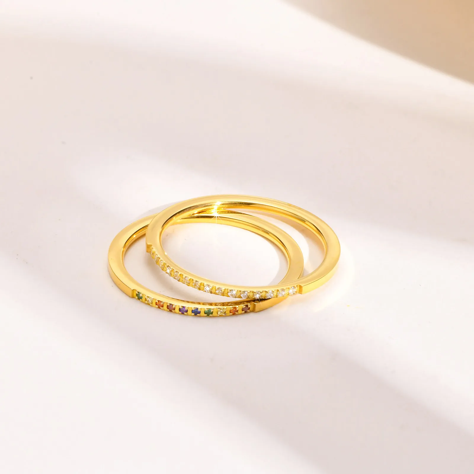 Thin Stainless Steel Ring Colorful AAA Cubic Zirconia Pave Band Gold Plated Minimalist Stackable Jewelry For Women