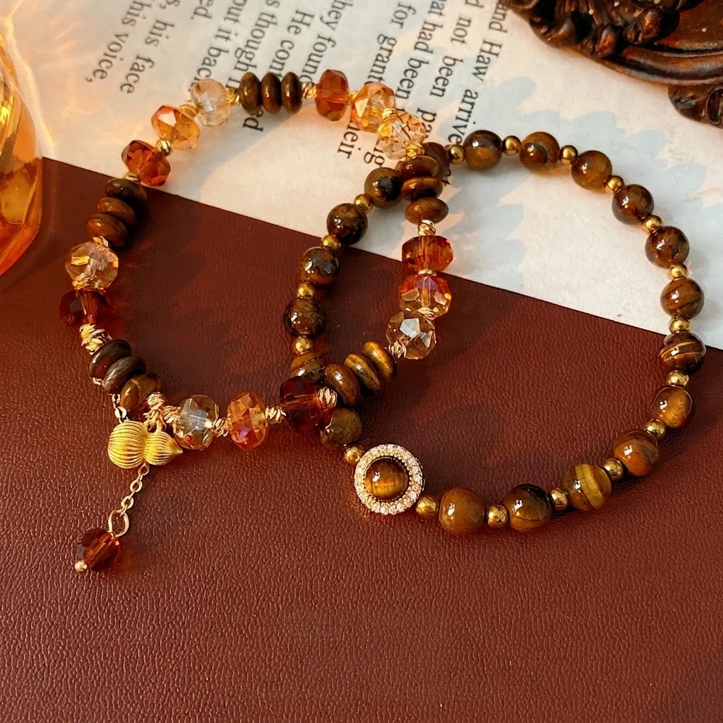 Bracelet Perlé En Pierre Œil De Tigre Rétro Pendentif Gourde En Cuivre Plaqué Or Incrusté De Zircon Bijoux Pour Femmes