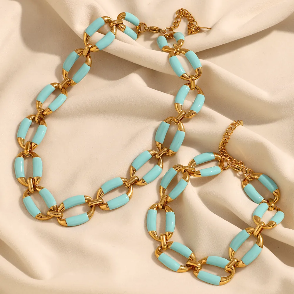 Stainless Steel Jewelry Set 18K Gold Plated Enamel Blue Chunky Oval Chain Necklace And Bracelet For Women Fashion Accessories
