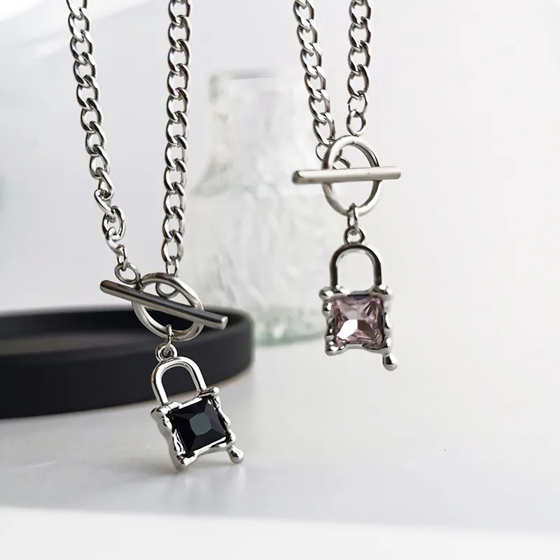 Lock Pendant Necklace Titanium Stainless Steel Cuban Chain Square Crystal Rhinestone Toggle Clasp Hip Hop Jewelry Unisex