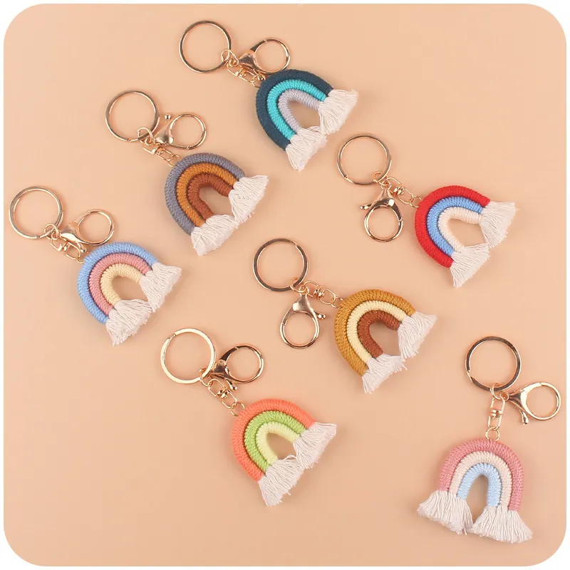 Handgefertigter Regenbogen Schlüsselanhänger Baumwollseil Quaste Boho Taschenanhänger Auto Deko Makramee Stil