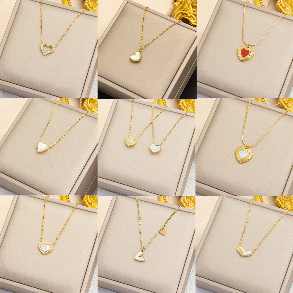 Collier Pendentif Cœur Acier Titane Nacre Coquillage Zircone Cubique Bijoux Minimalistes Pour Femmes