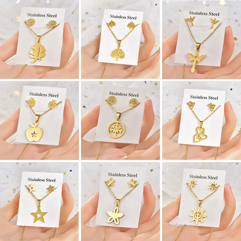 Stainless Steel Jewelry Necklace And Earrings Gold Plated Heart Tree Of Life Flower Leaf Fashion For Women Elegant
