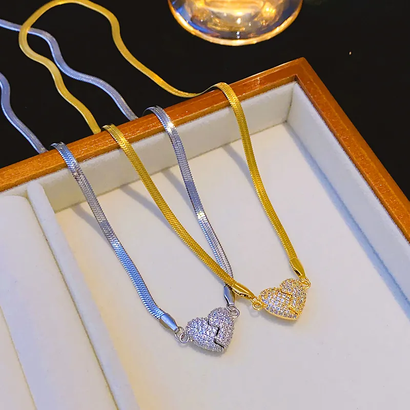 Heart Pendant Necklace With Zirconia Copper Magnetic Split Charm And Titanium Steel Herringbone Chain Simple Clavicle Jewelry