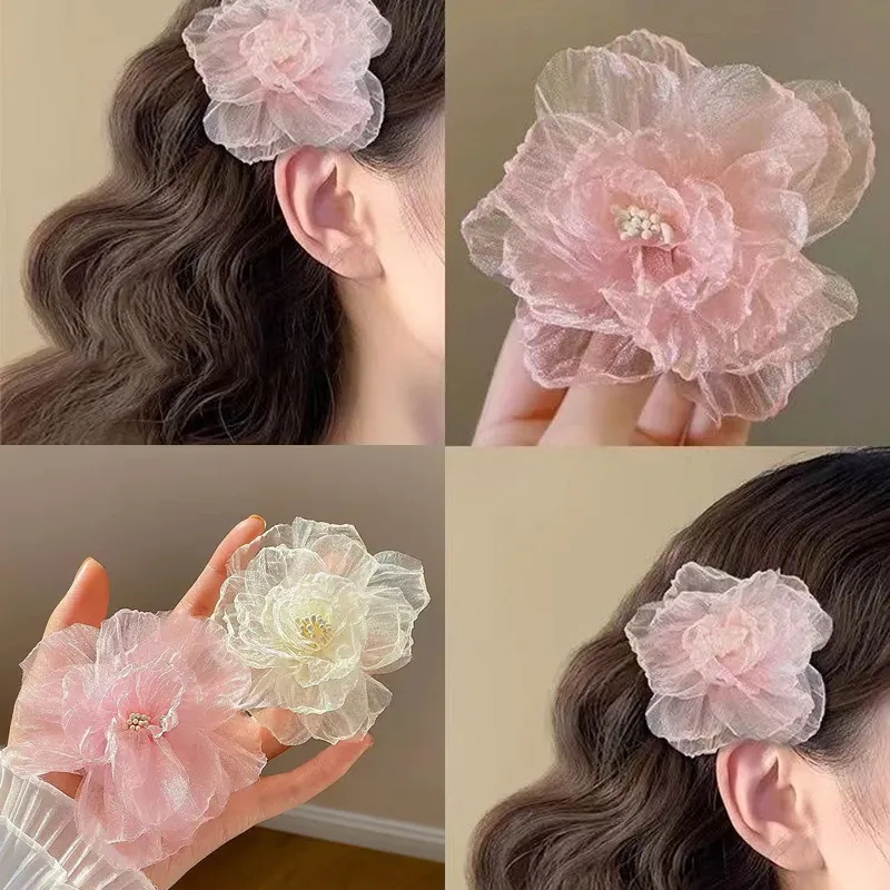 Pince À Cheveux Fleur En Organza Barrette Florale Douce En Maille Avec Künstliche Perle Fantaisie Élégante Pour Femmes Filles Vacances