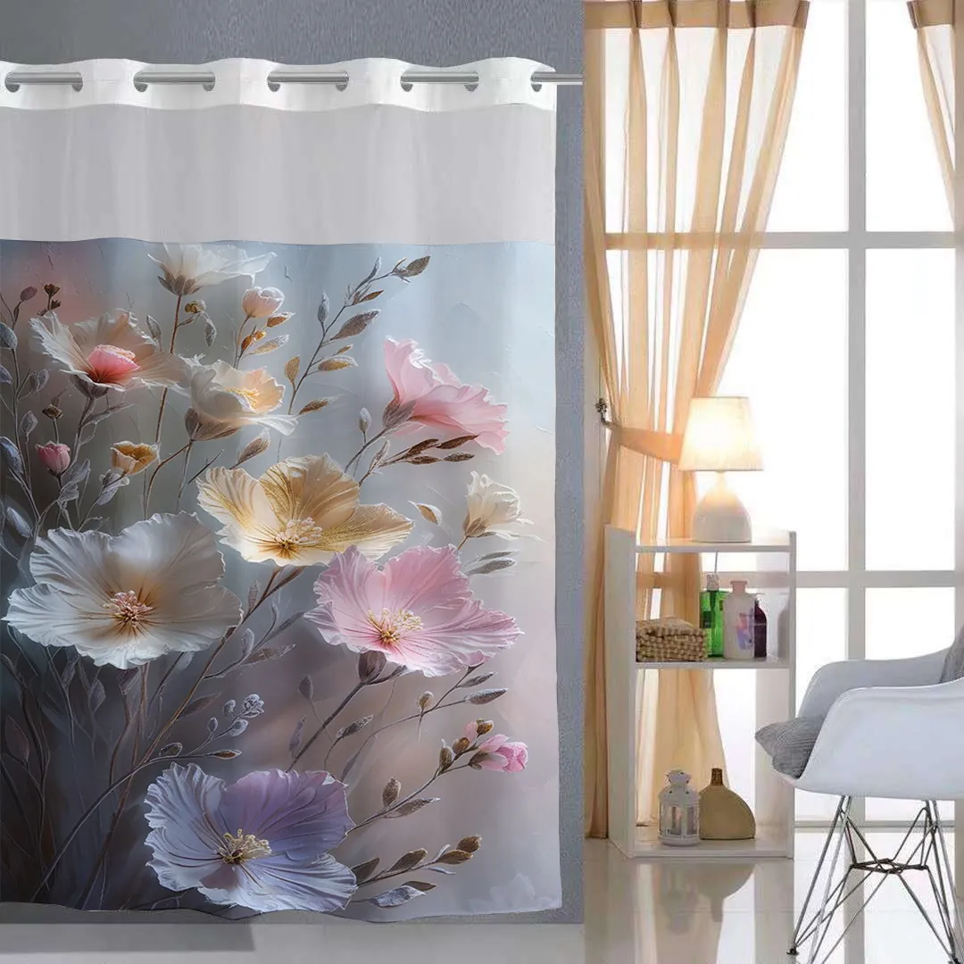 Floral Shower Curtain And Bath Mat Waterproof Waffle Weave Polyester Dual Layer Removable Liner With Mesh Window Magnet Bottom