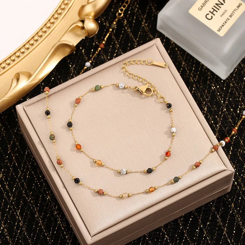 Exquisite Stainless Steel Gold Plated Necklace Colorful Beaded Bracelet Anklet For Women Fashion Elegant Jewelry Accessory