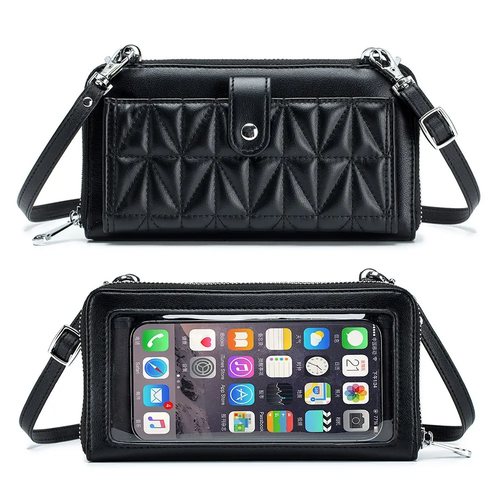 Split Leather Crossbody Phone Bag Wallet With Touch Screen Window Quilted Pattern Adjustable Strap Multi Card Slots