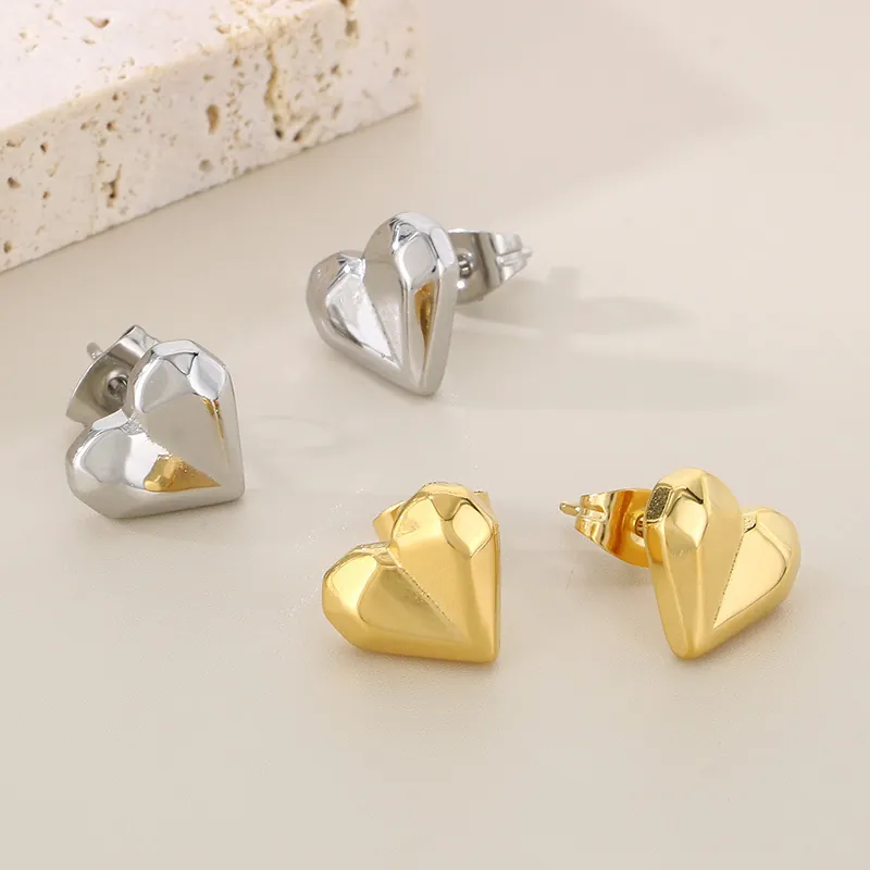 Heart Stud Earrings Stainless Steel Three Dimensional Geometric Faceted Cut Mirror Polished Minimalist Jewelry For Women