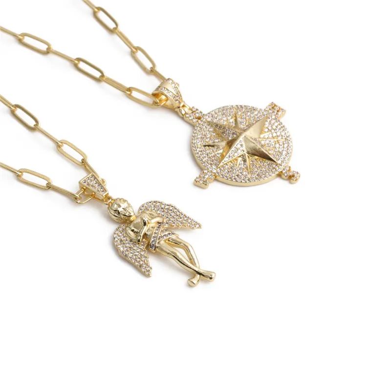 Collana Pendente Angelo Bussola Hip Hop Rame Placcato Oro Micro Intarsiato Zircone Gioielli Uomo