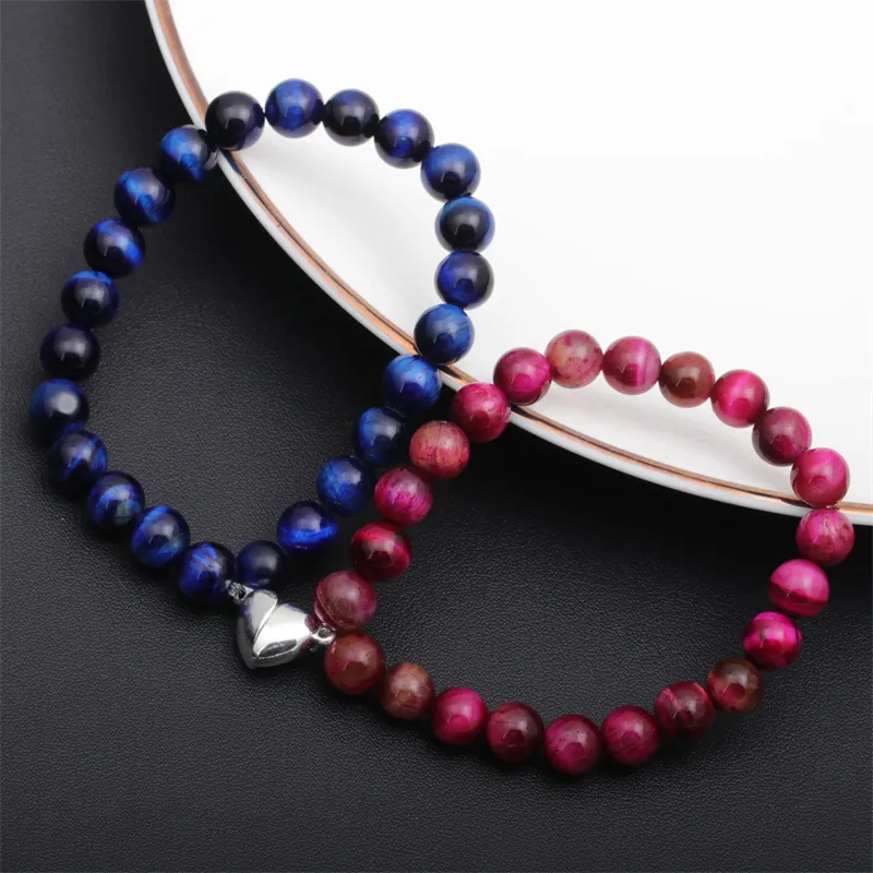 Bracciali Coppia Attrazione Magnetica Cuore Pietra Occhio Di Tigre Naturale Perle Di Lava Gioielli Regalo Amanti