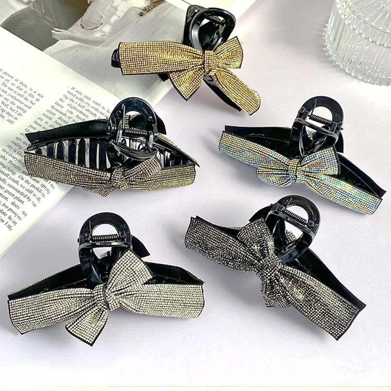 Rhinestone Bow Hair Claw Clip Large Bowknot Shark Hairpin Sparkling Crystal Plastic Headwear Korean Style For Women