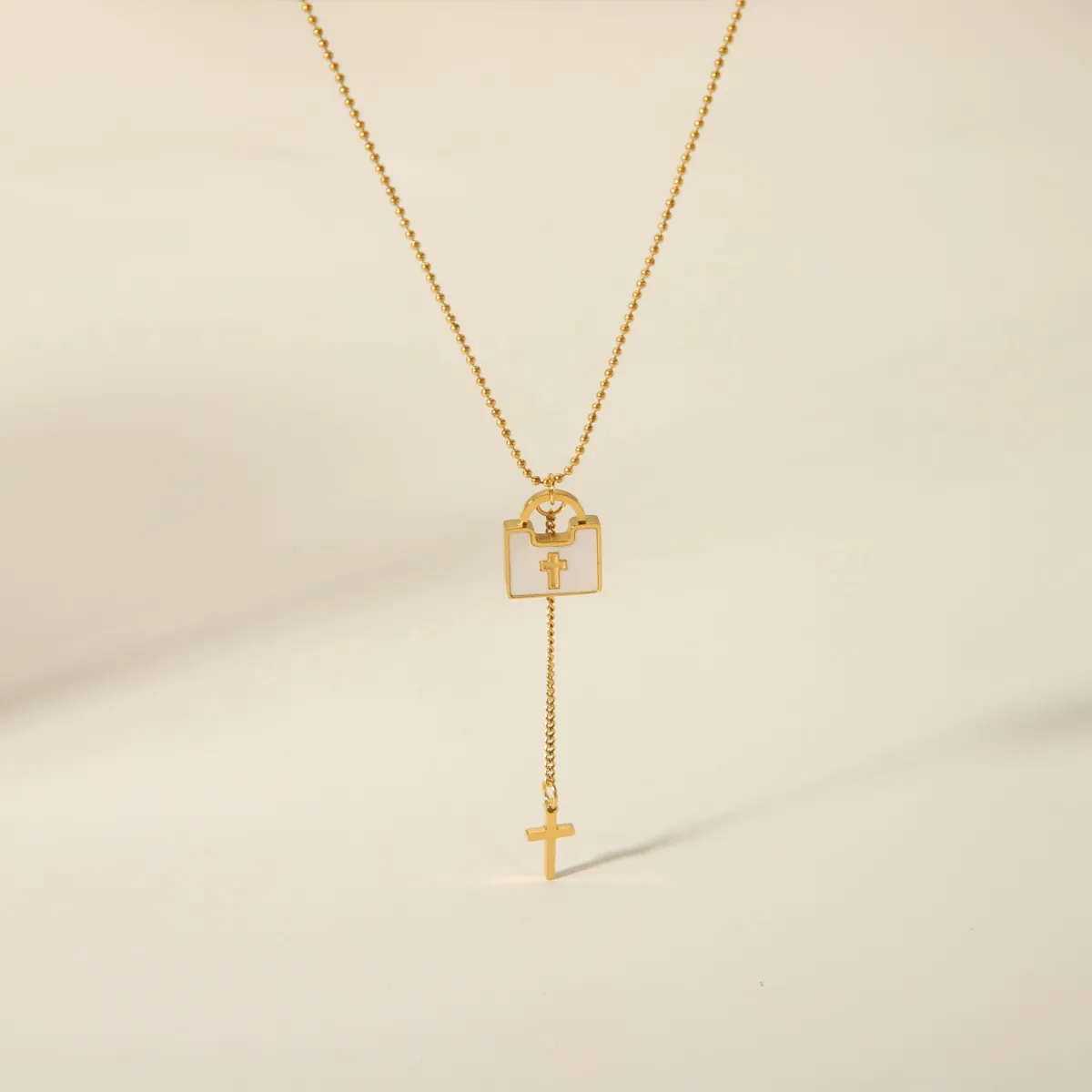 Cross Square Lock Pendant Necklace 18K Gold Plated Stainless Steel Shell Dainty Bead Chain Women Stylish Jewelry Accessory