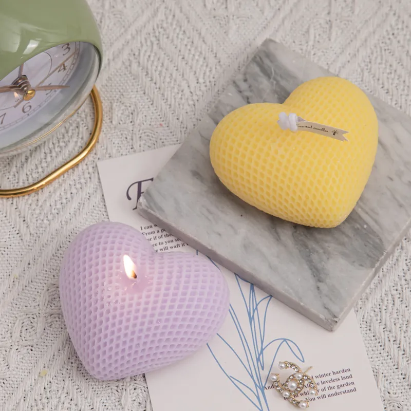Heart Shaped Scented Candle Woven Texture Waffle Grid Paraffin Handmade Aromatherapy Home Decor Wedding Gift