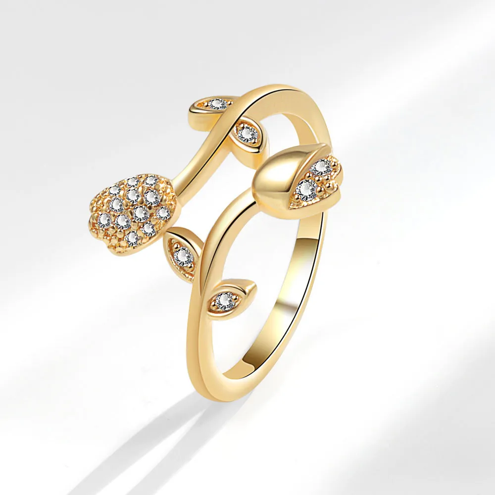 Tulip Flower Leaf Open Adjustable Ring Copper With Zircon French Romantic Elegant Jewelry For Women