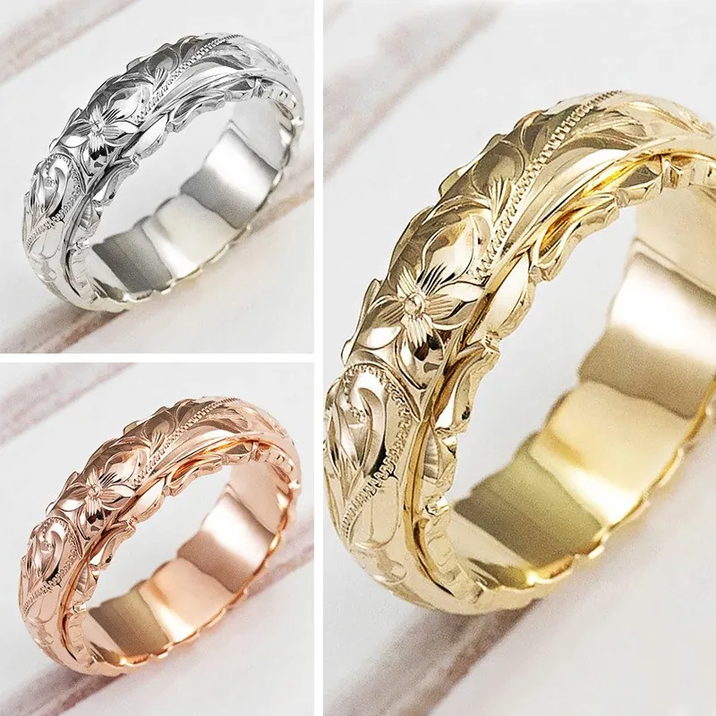 Hawaiian Flower Engraved Alloy Ring Wide Band Tropical Leaf Plated Retro Style Jewelry For Women Anniversary Wedding Gift