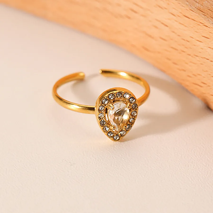 Anello Regolabile In Acciaio Inossidabile Placcato Oro 18K Zircone Bianco Forma Di Pera Gioielli Di Moda Per Donne