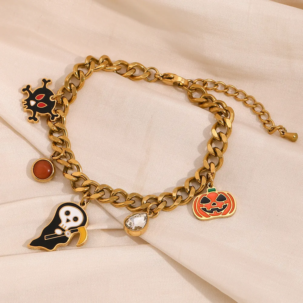 Halloween Charm Bracelet Stainless Steel Gold Plated Cuban Chain With Pumpkin Skull Ghost Enamel For Women Novelty