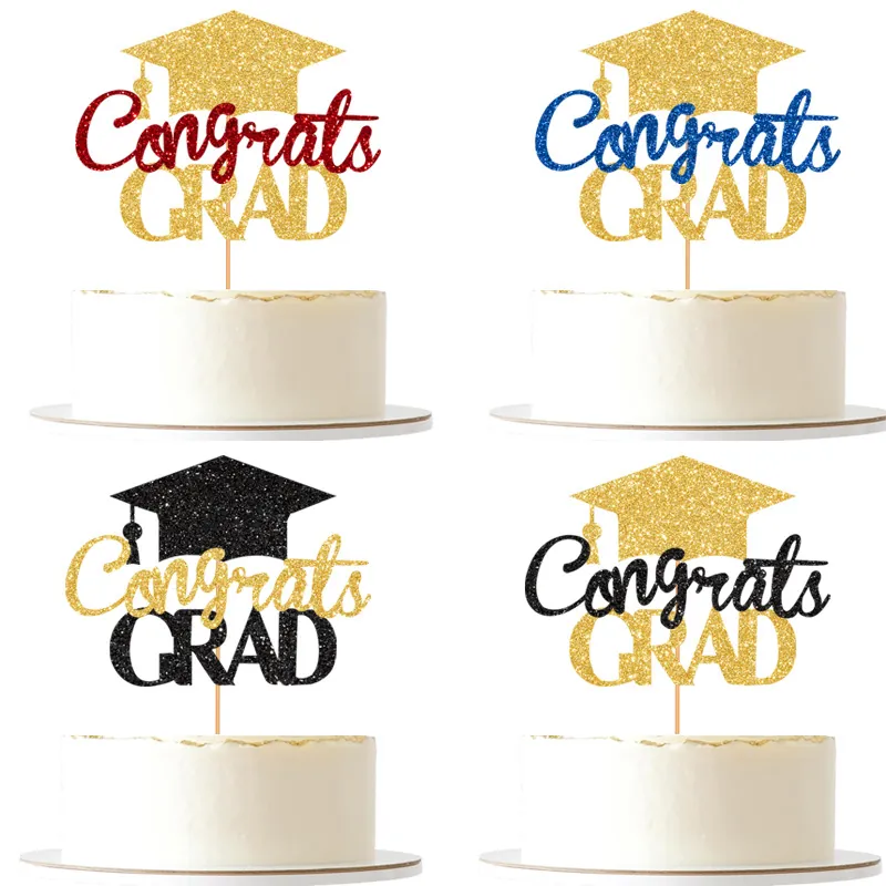 Graduation Cake Topper Glitter Cardstock Congrats Grad Doctor Hat Dessert Pick For Party Decoration Celebration