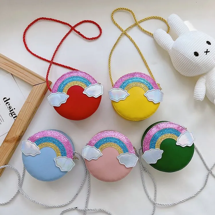 Kids Mini Round Crossbody Bag Cute Rainbow Cloud Sequin PU Leather Fashion Shoulder Bag For Girls Children