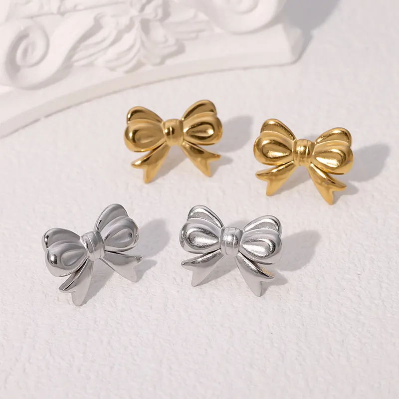 Bowknot Stud Earrings Stainless Steel 18K Gold Plated Minimalist Elegant Korean Style For Women