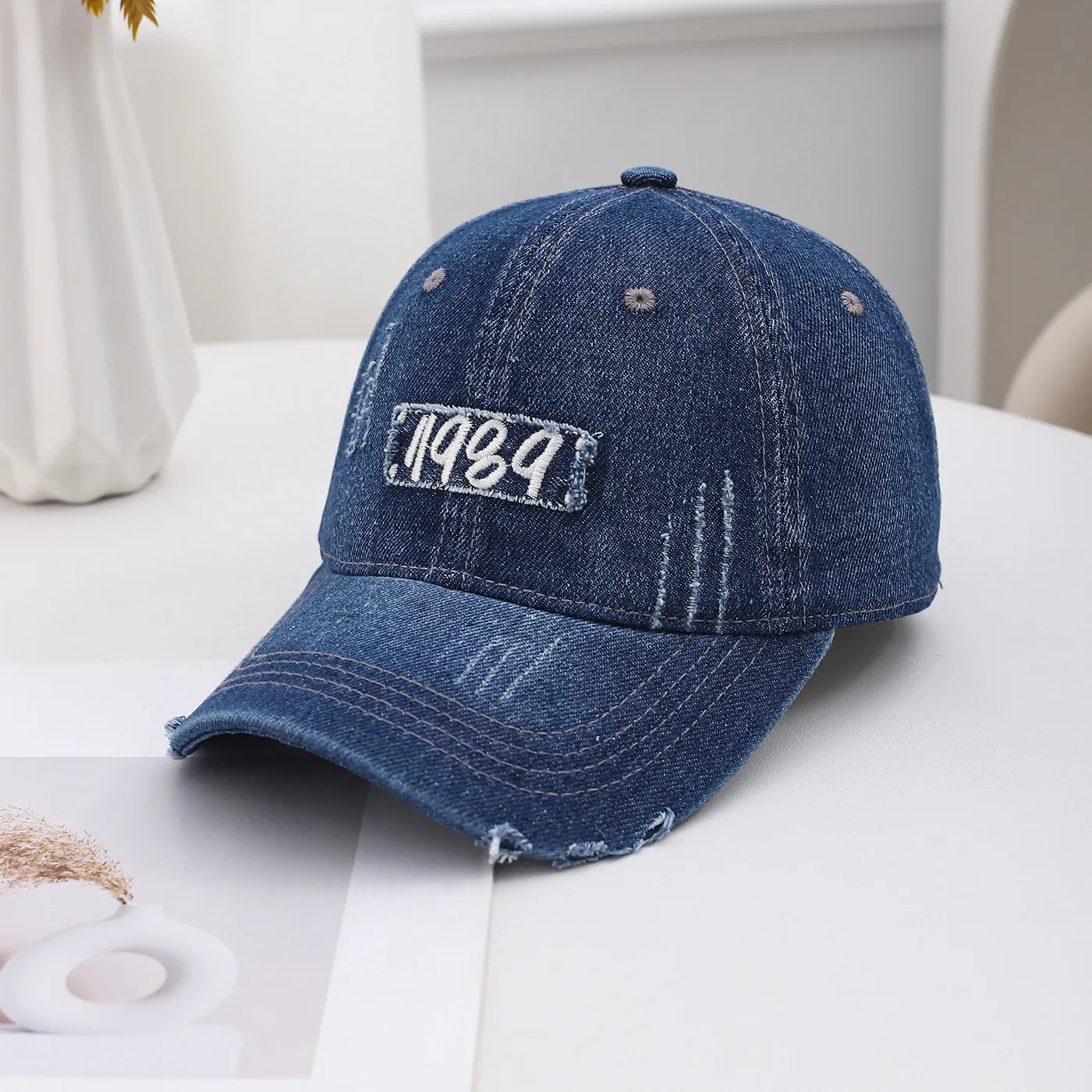 Baseball Kappe Gewaschener Denim Distressed Bestickt Verstellbar Retro Baumwolle Sonnenhut Für Damen Und Herren