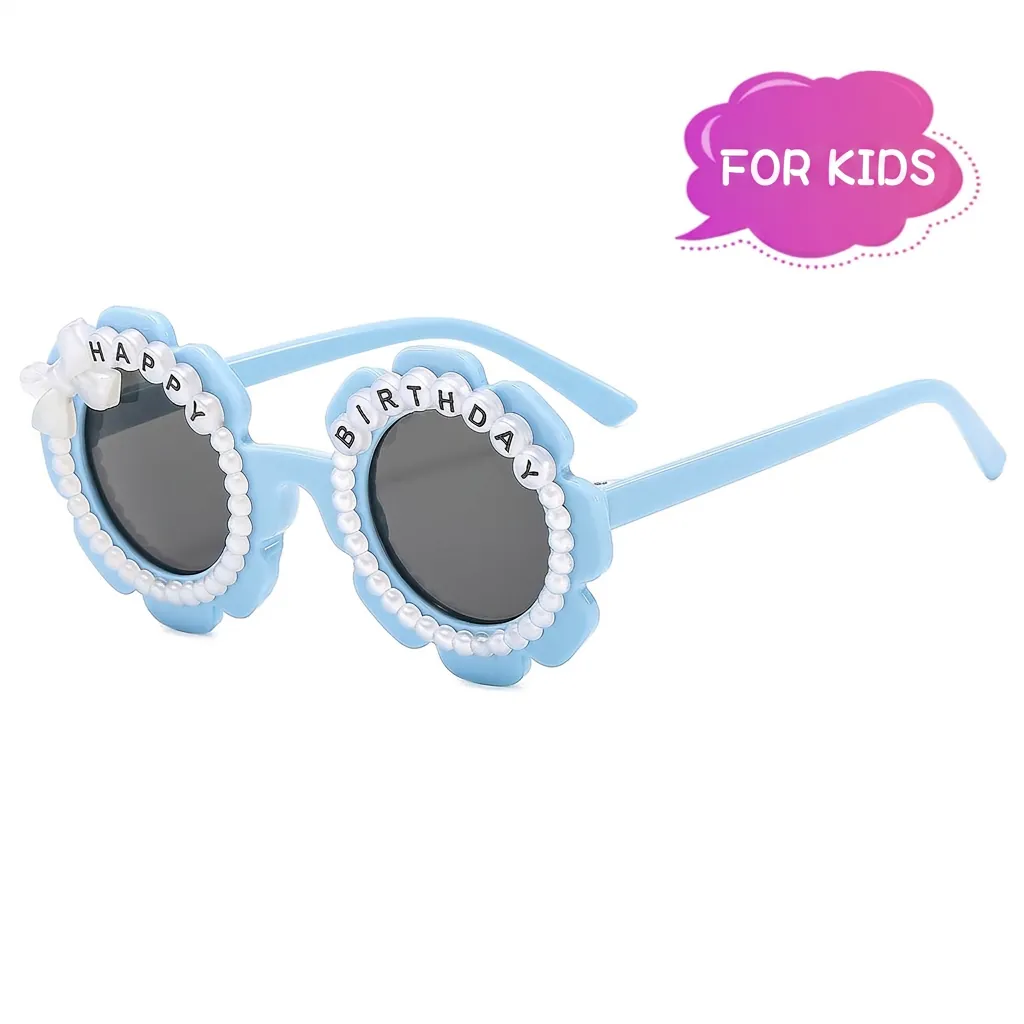 Kids Flower Sunglasses Artificial Pearl Happy Birthday Letter Bow Decoration UV400 Protection Party Eyewear For Girls Toddlers