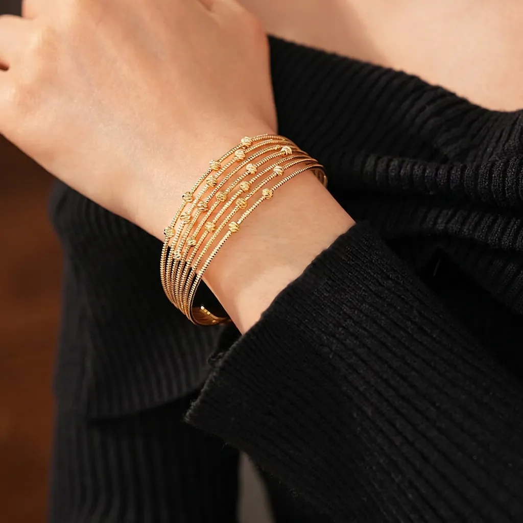 Bracelet Jonc Perles Multi Couches Cuivre Ouvert Ajustable Minimaliste Mode Élégant Bijoux