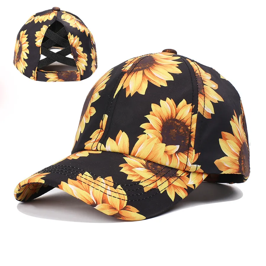 Sunflower Print Cotton Baseball Cap And Bucket Hat For Women Criss Cross High Ponytail Adjustable Outdoor Sun Hat