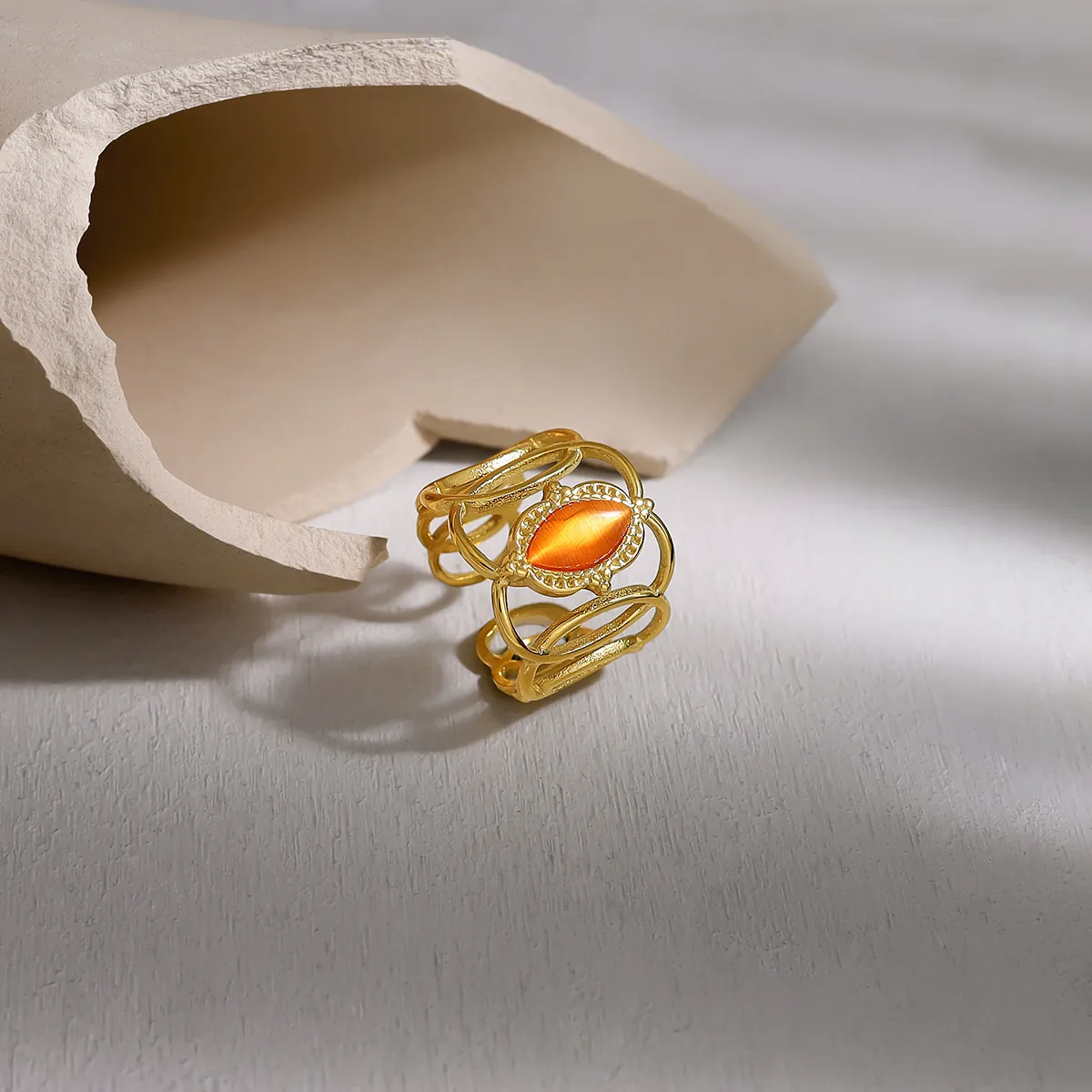 Anello Aperto Vintage Donna Acciaio Inossidabile Placcato Oro 18K Intrecciato Cavo Geometrico Opale Marquise Arancione
